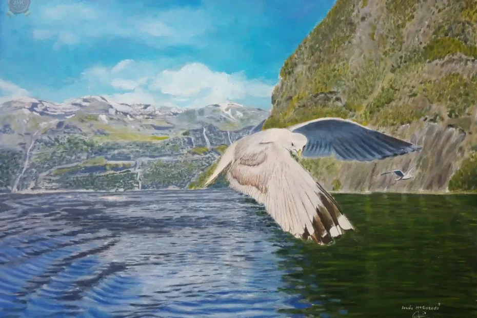 "Gaviota en pleno vuelo sobre los majestuosos fiordos noruegos, simbolizando libertad y conexión con la naturaleza."