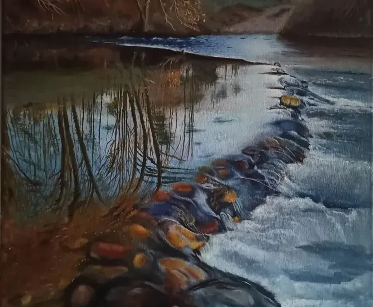 "Óleo sobre lienzo de la Presa Natural en Patones de Abajo, Madrid, capturando un paisaje fluvial al atardecer. Obra presentada en el IX Certamen de Pintura 'Artemisia' del distrito de Moncloa-Aravaca."