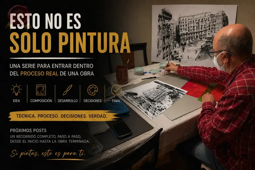 Proceso de pintura en estudio artístico con obra en desarrollo